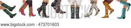 Set Of Legs In Western Cowboy Boots Vector.