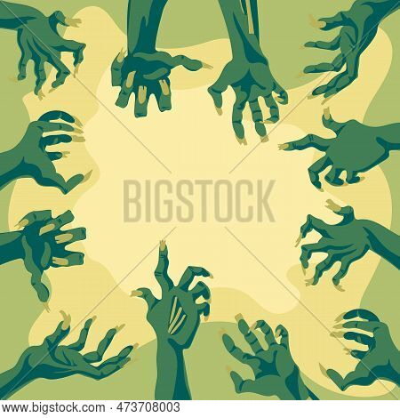 Halloween Background With Zombie Hands Attacking You. Hands Surround And Attack You On A Light Backg