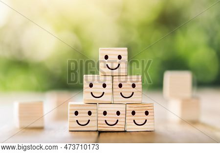 Wooden Cube Block Shape With Icon Face Smiley, The Best Excellent Business Services Rating Customer 