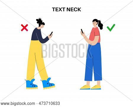 Tech Neck Or Cervical Kyphosis Posture. Incorrect Position For Using A Smartphone. Neck Spasm, Pain 