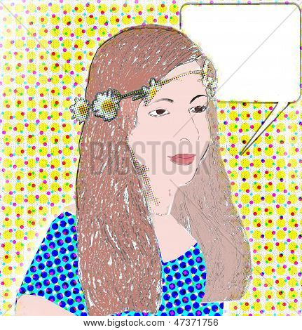 Cartoon Style Girl with flowers and speech bubble