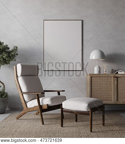 Retro And Minimalist Compositon Of Livingroom Interior Design With Armchair, Lamp. Mock Up Template 