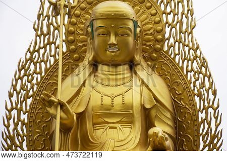 Ancient Golden Jijang Bosal Statue On Stone Rock Cliffs For Korean People Travelers Travel Visit And