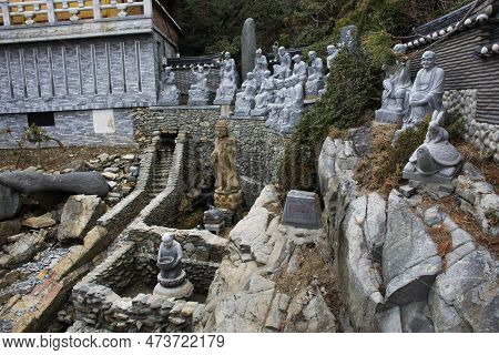 Buddha And Deity Angel Statue In Wishing Pond For Korean People Traveler Throw Coin For Wish Holy Ri