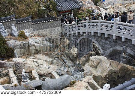 Buddha And Deity Angel Statue In Wishing Pond For Korean People Traveler Throw Coin For Wish Holy Ri