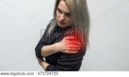 Wrist Pain. Painful Hand With Red Spot Closeup. Sprain, Fracture. Arthritis, Office Syndrome. Health