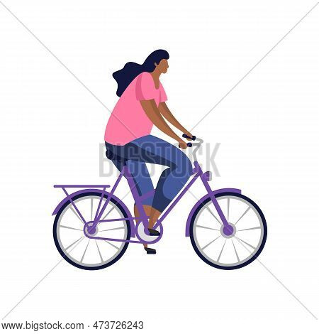 Flat Vector Image Of Woman Riding Bicycle. Female Rider Clipart Or Cyclist Outdoor Activity. Wheel A