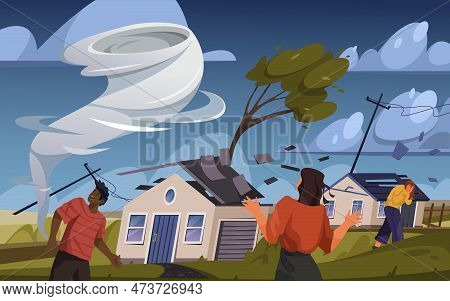 Tornado Or Whirlwind, Vector Illustration. Landscape Of Natural Disaster Or Whirlpool Of Strong Wind