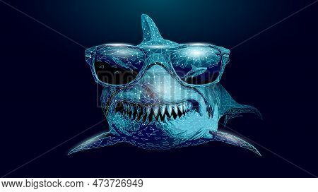 Ocean Shark In Sunglasses. Open Toothy Dangerous Mouth With Many Teeth. Underwater Blue Sea Waves Cl
