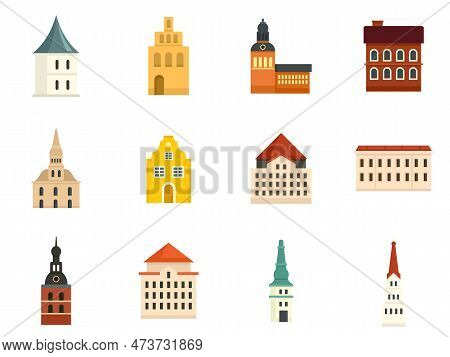 Riga Icons Set. Flat Set Of Riga Icons Isolated On White Background