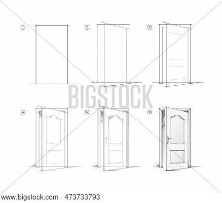 Page Shows How To Learn To Draw Sketch Of Half-open Door. Pencil Drawing Lessons. Educational Page F