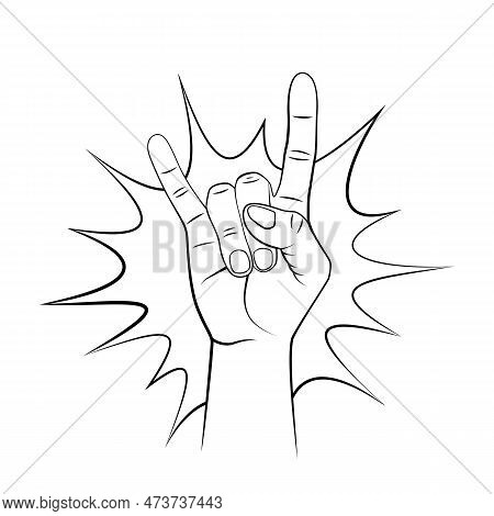 Rock And Roll Hand Sign. Goat Gesture In Cartoon Style. Vector Hand Drawn Illustration With Contour.