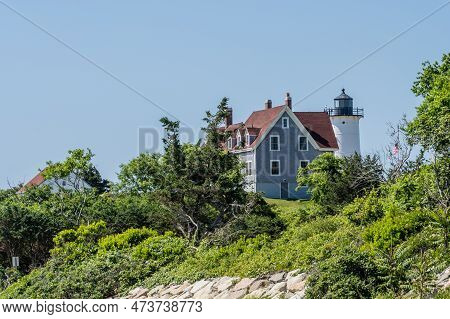 Falmouth, Massachusetts, Cape Cod, July 11 , 2022: Beautiful View Of Nobska Lighthouse Overlooking B
