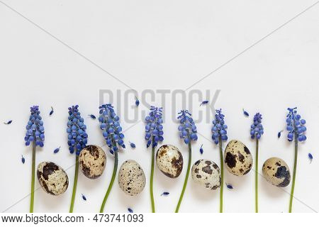 Easter Quial Eggs And Fresh Blue Spring Flowers Composition. White Background. Easter Concept, Flat 