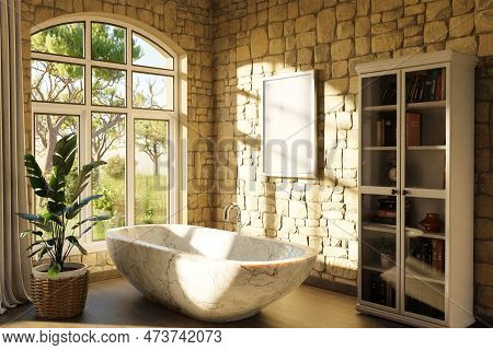 Freestanding Bath In Lightflooded Cozy Country House Bathroom; Minimalistic Interior Design With She
