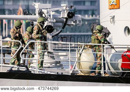 Special Forces Entering A Ship During An Anti Piracy Demonstration. Rotterdam, September 3, 2016