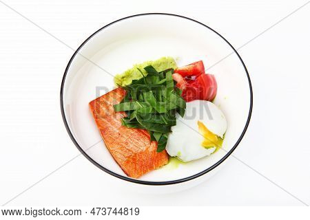 Healthy Breakfast. Breakfast With Poached Egg And Red Fish. Natural Omega.flat Lay. Top View. Copy S