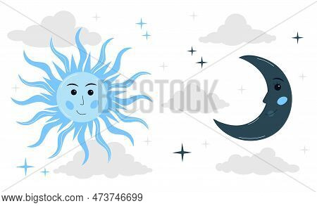 Sun And Moon. Symbols Of Day And Night. Design Elements For Meteorological Forecasts. Infographics A