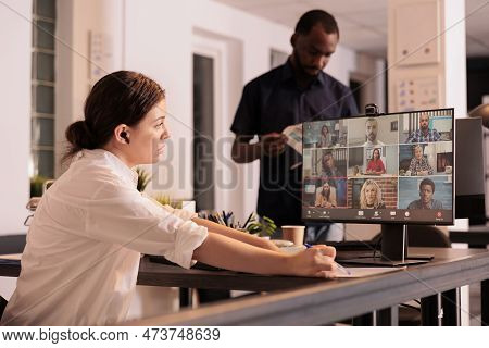 Employee Chatting On Teleconference, Using Videocall Application. Office Worker Briefing, Business R