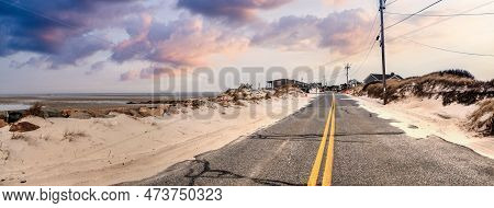 Roadway Along Chapin Beach In Cape Cod, Massachusetts At Sunset.