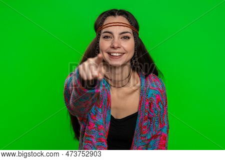 Amused Hippie Woman Pointing Finger To Camera, Laughing Out Loud, Taunting Making Fun Of Ridiculous 