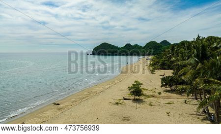 Aerial View Of Tropical Sandy Beach And Blue Sea. Sugar Beach. Sipalay, Negros, Philippines.