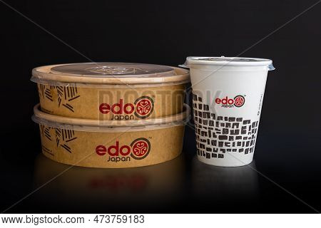 Calgary, Alberta, Canada. Mar 26, 2023. Edo Japanese Couple Of To Go Containers. Canadian Fast Food 