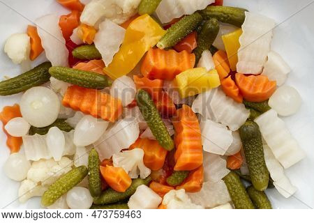 Italian Giardiniera Salad, Sweet And Sour Vegetable Mix In Jar. Close Up