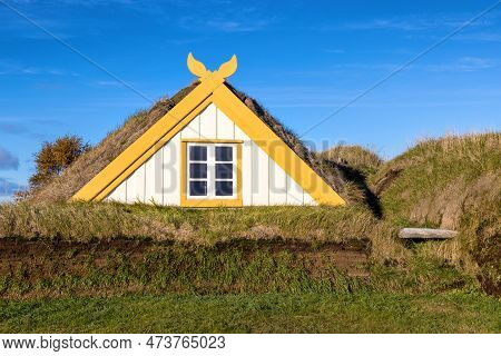 Rooftop Of A Traditional Turf House In Glaumbaer, Iceland. Detailed Wooden Building In Yellow And Wh