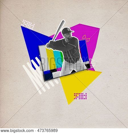 Online Tv Programme, Translation Of Baseball Game. Male Athlete Peeking Out Vintage Tv With Baseball