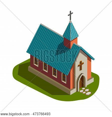 Medieval Catholic Church On Green Lawn Isometric 3d Vector Illustration