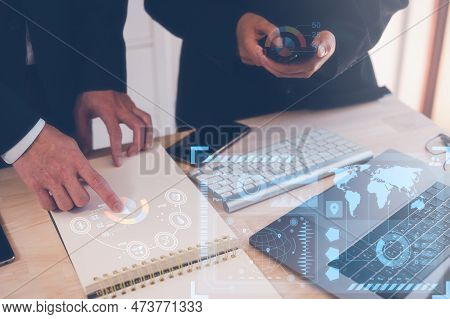 Business Planning Meeting And Discussion Concept, Colleage At Work Or Staffs Are Meeting On Busy Tab