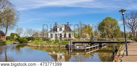 Panorama Of The Bridge Crossing The River In Onderdendam, Netherlands