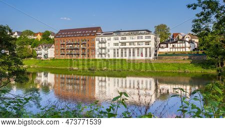 Panorama Of Apartment Buildings At The Ruhr River In Essen-werden, Germany