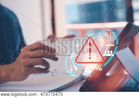 Internet Network Security Concept, Businessman Working On Tablet ,computer Laptop With Triangle, War