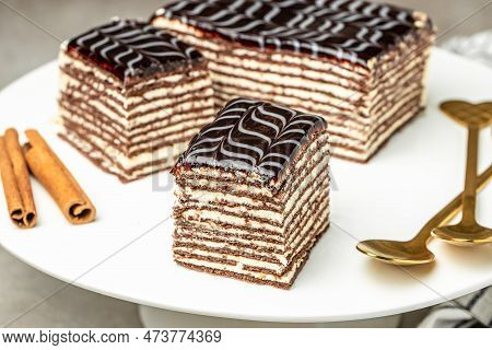 Hungarian Cake, Chocolate Honey Layer Cake, Sweet Pastry And Desserts Concept,