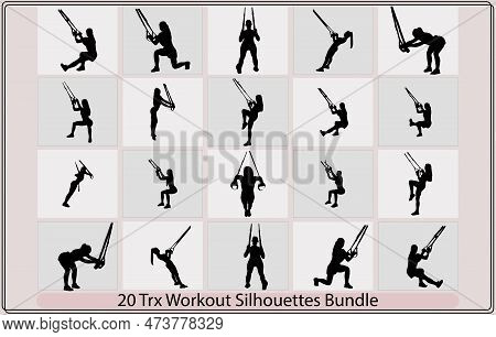 Silhouettes Of Men And Women Doing Trx Exercises,man Workout Using Resistance Band Flat Vector Illus