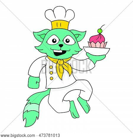 Chef Cat Is Ready To Serve Delicious Pudding, Vector Illustration Art. Doodle Icon Image Kawaii.