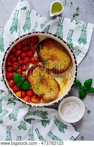 Bruschetta With Buratta And Baked Cherry Tomatoes.top View.selective Focus