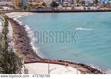 Mexican Beach Landscape, Mirador Del Ruso And Boardwalk With Palm Trees, Marina Atalanta In Backgrou