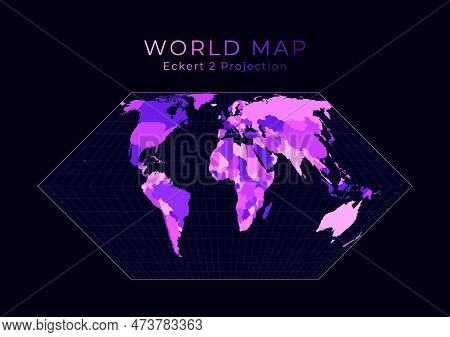 World Map. Eckert Ii Projection. Digital World Illustration. Bright Pink Neon Colors On Dark Backgro