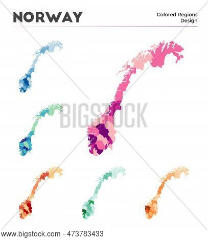 Norway Map Collection. Borders Of Norway For Your Infographic. Colored Country Regions. Vector Illus