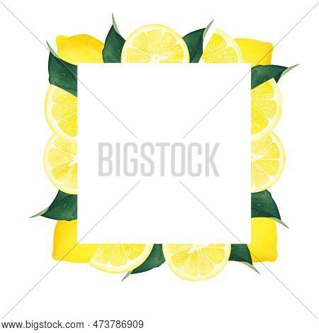 Watercolor Lemon Square Frame With Leaf. Isolated On White Background. Illustration For Design, Invi