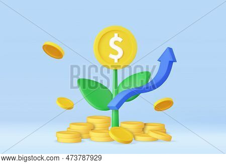3d Money Tree Plant With Coin. Saving Money Concept. Business Profit Investment, Finance Education, 