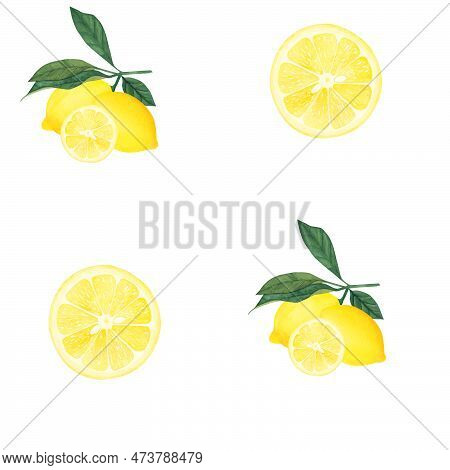 Watercolor Seamless Pattern With Yellow Lemon Branch Isolated On White Background. Illustration For 