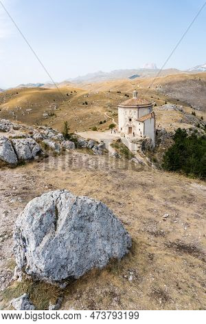 Calascio, Italy-august 9, 2021:view Of The Church Of Santa Maria Della Pietà On The Path That Leads 
