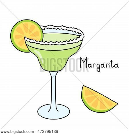 Margarita Cocktail In Glass With Salt Rim And Slice Of Lime, Doodle Style Vector Illustration