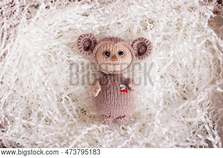 Knitted Brown Russian Toy Cheburashka With Oranges. Handmade By Hand Made