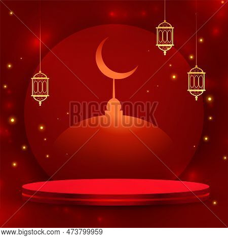 3d Podium Platform Celebrate Eid Al-adha Red Background With Lamp