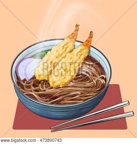 Toshikoshi Soba, An Illustration Of A Japanese Specialty Food Filled With Soupy Noodles And Other In